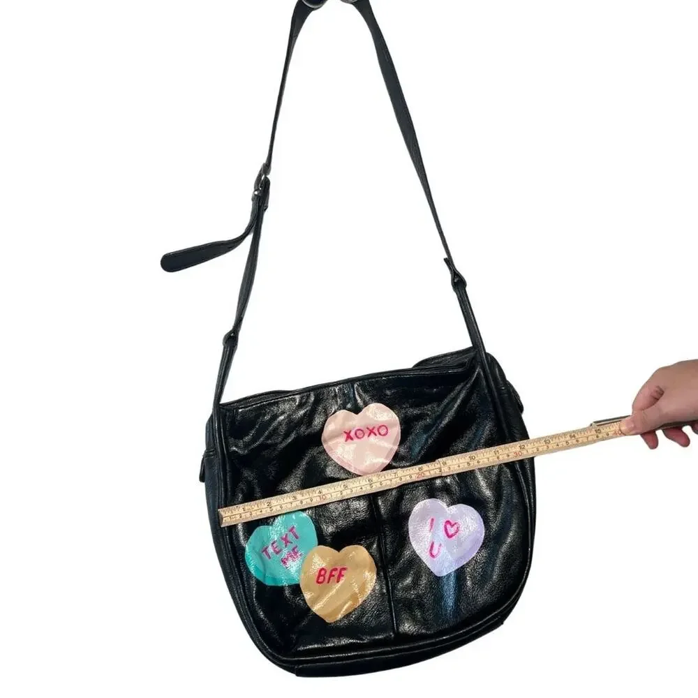 Black Leather Hand Painted Sweethearts Purse Graphic Cheeky Whimsy Pop Art